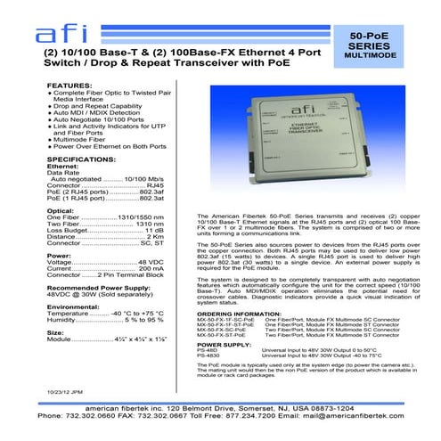 American Fibertek MX50FX1FSTPOE Data Sheet