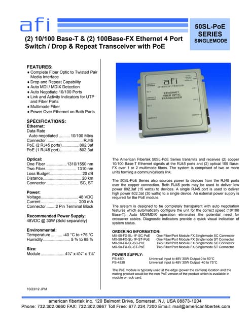 American Fibertek SMH10P-POE Data Sheet | PDF | Computer Networking ...