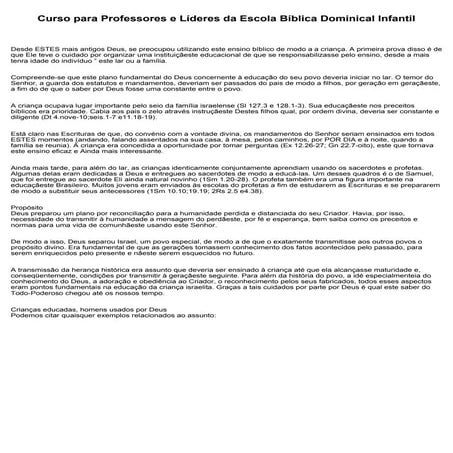 Curso para Professores e Líderes da Escola Bíblica Dominical Infantil | PDF