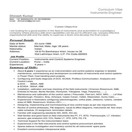 Resume Instrumentation Engineer