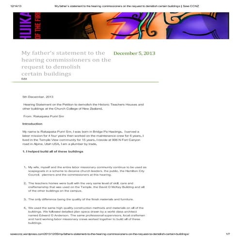 My fathers statement to the commissioners in new zealand