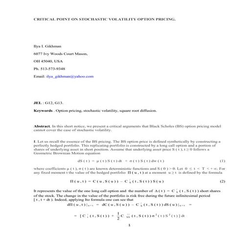 CRITICAL POINT ON STOCHASTIC VOLATILITY OPTION PRICING. 
