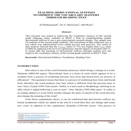 Teaching Derivational Suffixes to Improve The Vocabulary Mastery Through Read...