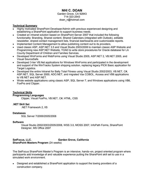 sharepoint developer resume