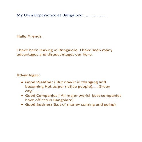 My Own Experience at Bangalore