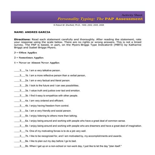 Personal Life Profile (Personality Typing: The PAP Assessment) | DOCX