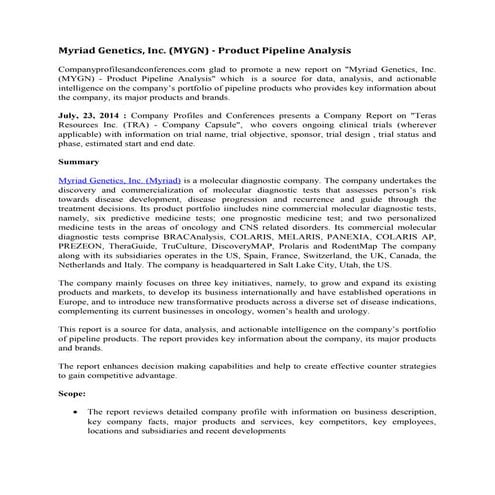 Myriad genetics, inc.   product pipeline analysis