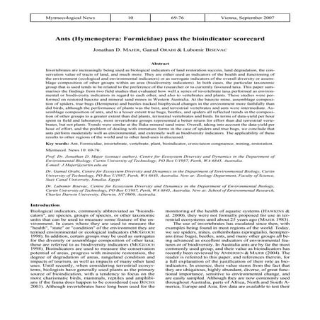 Jonathan D.majer, Ants pass the bioindicator score board