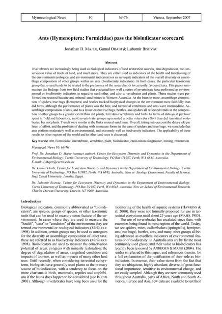 Jonathan D.majer, Ants pass the bioindicator score board