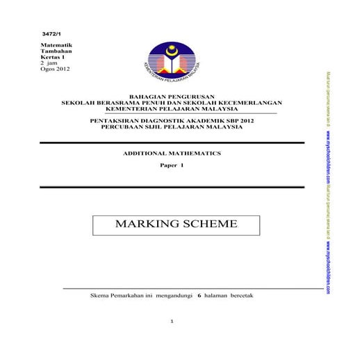 Skema SPM SBP Add Maths Paper 2012