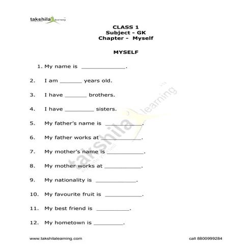 Myself – Class 1 English/GK Worksheet | Printable Grade 1 Worksheet | PDF