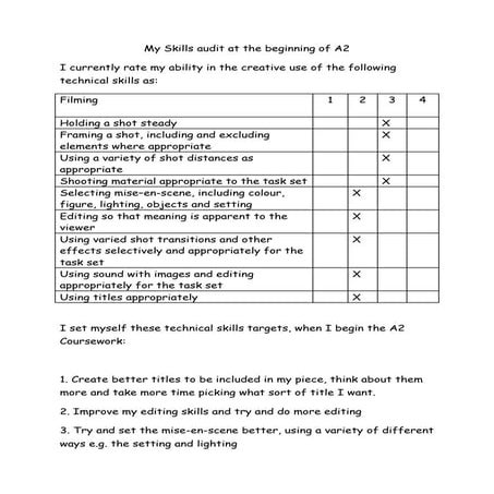 My skills audit at the beginning of A2