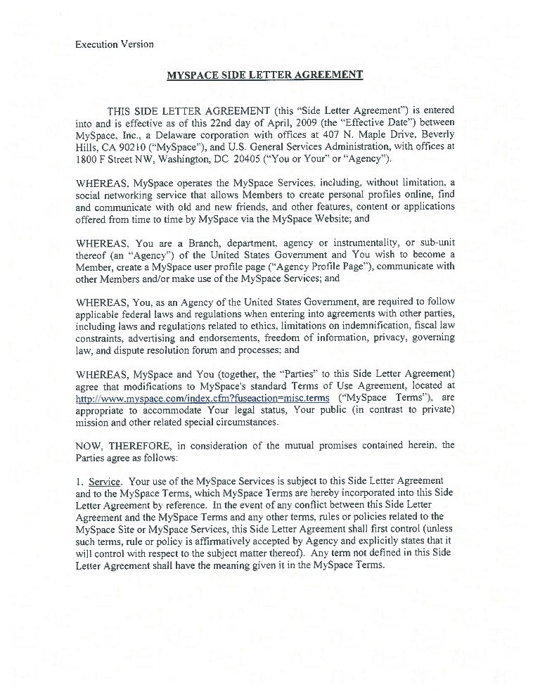 myspace side letter agreement execution version