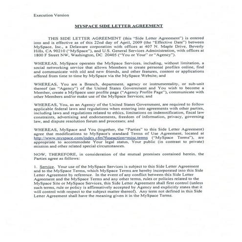MySpace Side Letter Agreement, Execution Version
