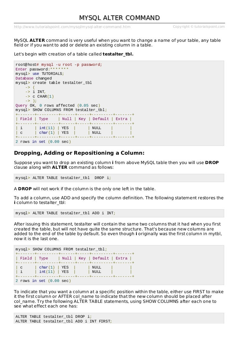Mysql alter-command Mysql alter-command
