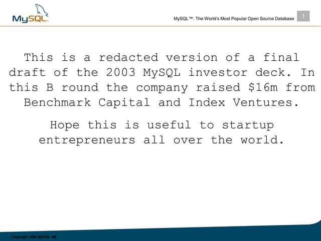 MySQL fundraising pitch deck ($16 million Series B round - 2003)