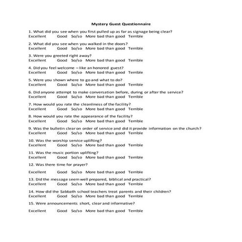 Mystery guest questionnaire
