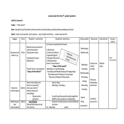 'My week' lesson plan and materials