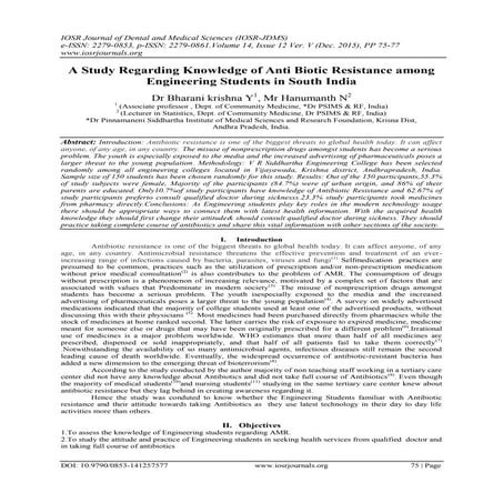 A Study Regarding Knowledge of Anti Biotic Resistance among Engineering Stude...