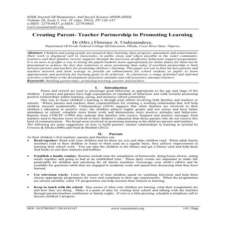 Creating Parent- Teacher Partnership in Promoting Learning