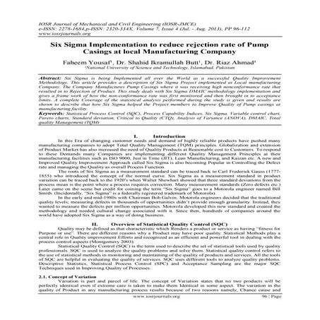 Six Sigma Implementation to reduce rejection rate of Pump Casings at local Ma...