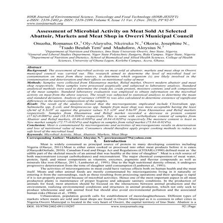 Assessment of Microbial Activity on Meat Sold At Selected Abattoir, Markets a...