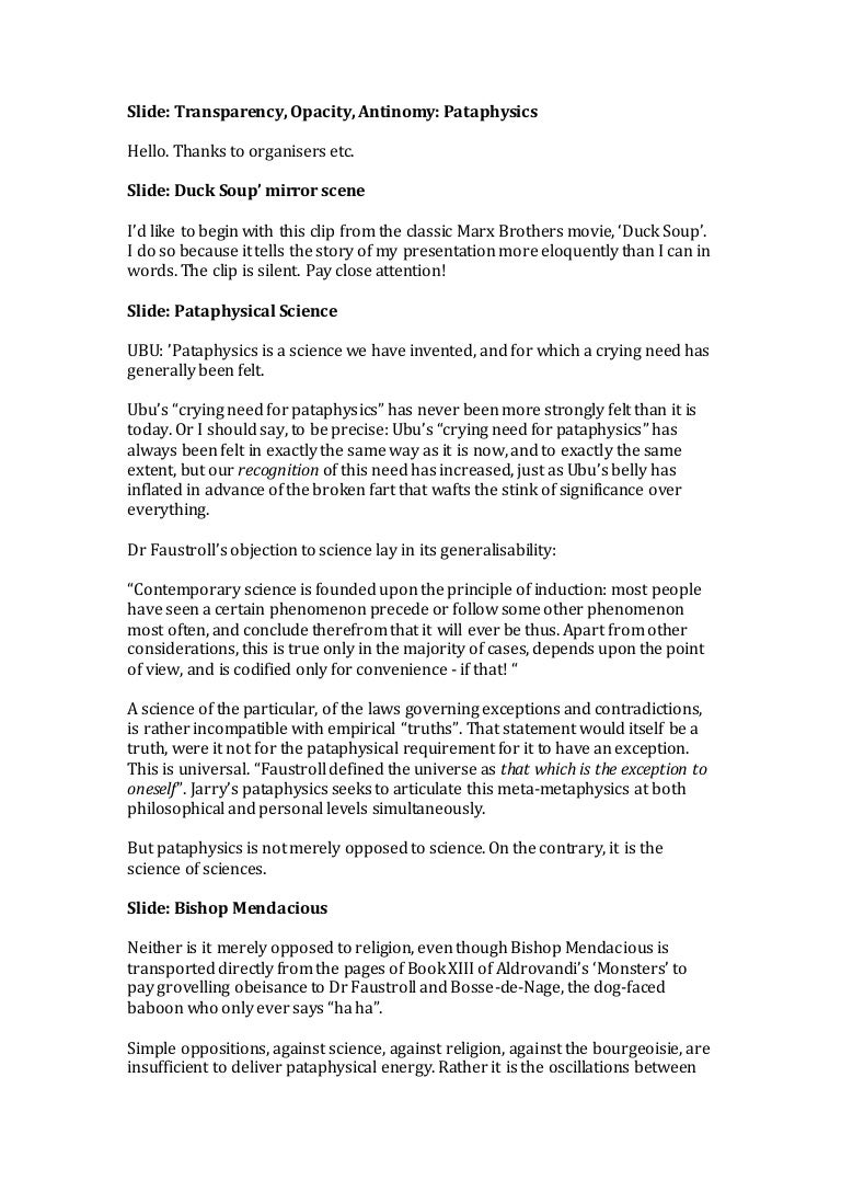 Transparency Opacity Antinomy Pataphysics Text