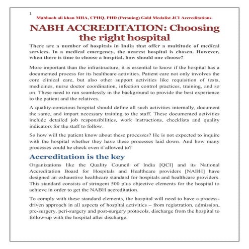 NABH ACCREDITATION: Choosing the right hospital-Mahboob ali khan MHA, CPHQ, P...