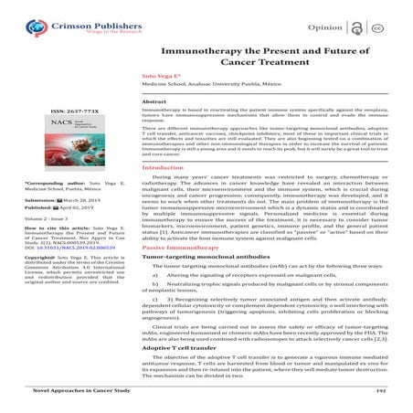 Immunotherapy the Present and Future of Cancer Treatment