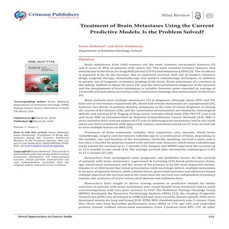 Treatment of Brain Metastases Using the Current Predictive Models: Is the Pro...