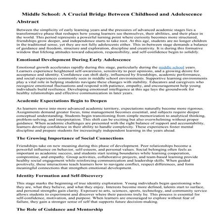 Middle School: A Crucial Bridge Between Childhood and Adolescence | PDF