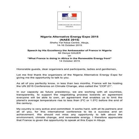 Speech by His Excellency the Ambassador of France in Nigeria Mr Denys GAUER