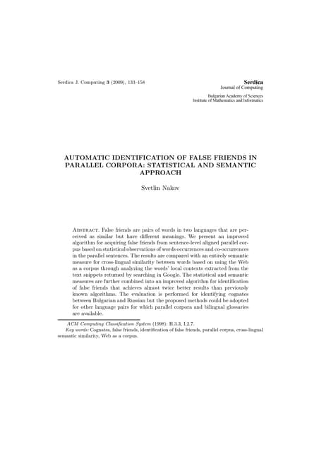 Automatic Identification of False Friends in Parallel Corpora: Statistical and Semantic Approach (Serdica Journal of Computing)