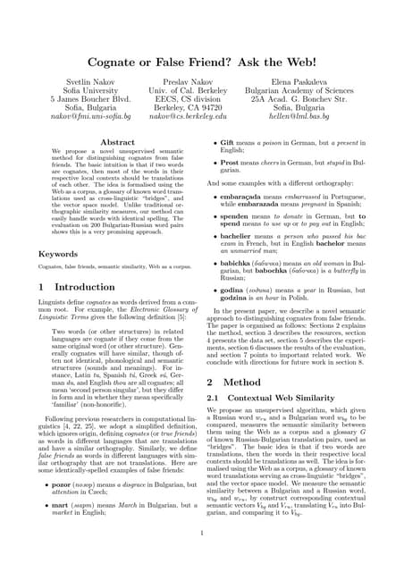 Cognate or False Friend? Ask the Web! (Distinguish between Cognates and False Friends Using Google-based Semantic Similarity Measure)