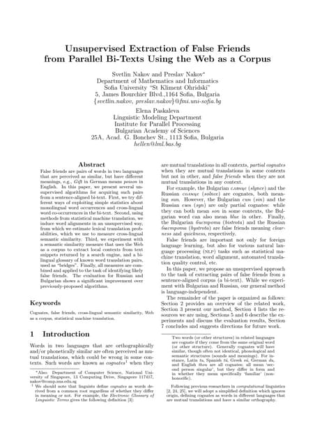 Unsupervised Extraction of False Friends from Parallel Bi-Texts Using the Web as a Corpus