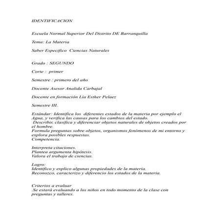 PLAN CLASE LA MATERIA