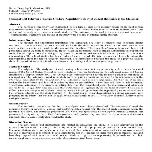 Micropolitical Behavior of Second Graders: A qualitative study of student Res...