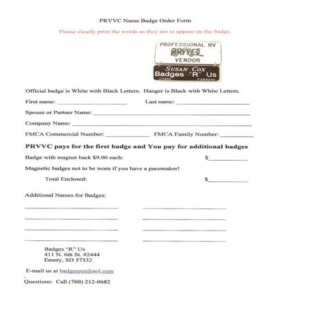 PRVVC Name Badge Order Form