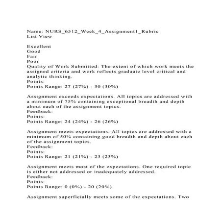 Name NURS_6512_Week_4_Assignment1_RubricList ViewExcellent .docx