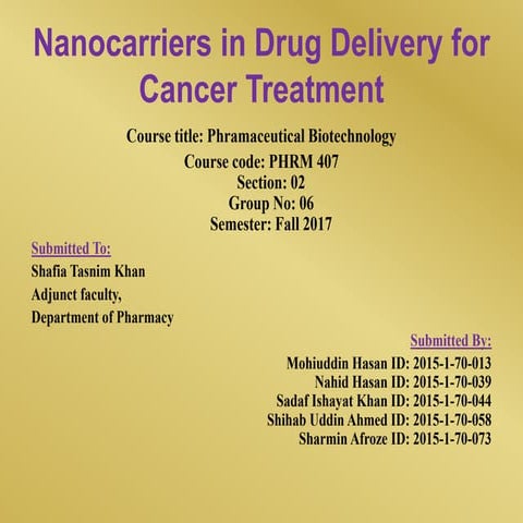 Nanocarriers in drug delivery for cancer treatment | PPTX