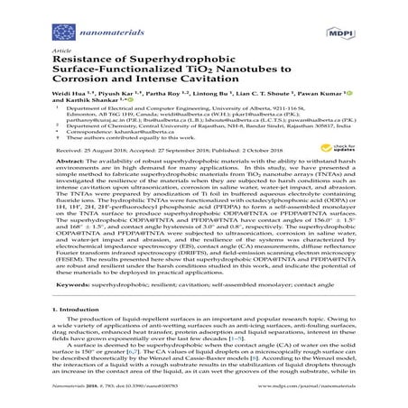 Resistance of Superhydrophobic Surface-Functionalized TiO2 Nanotubes to Corro...