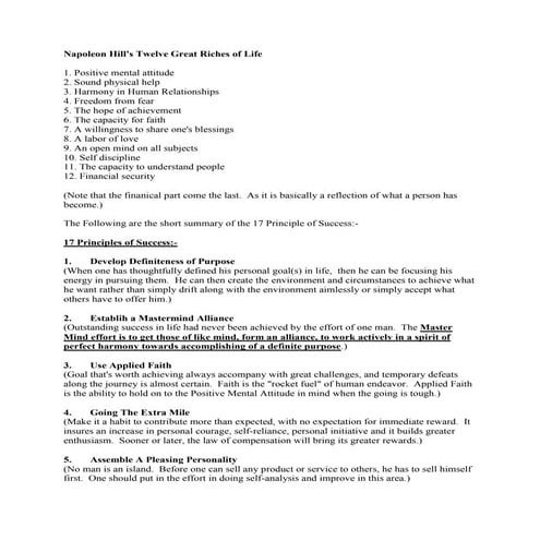 Napoleon Hill's 12 Riches of Life and 17 Principles of Success