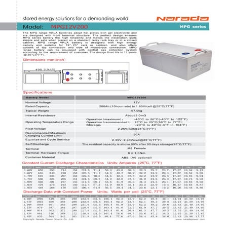 Narada 200 ah Data sheet