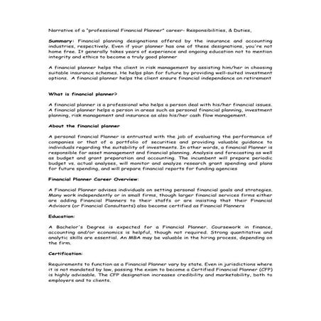 Narrative of a “professional financial planner” career  responsibilities, & d...