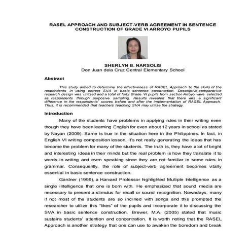 RASEL APPROACH AND SUBJECT VERB AGREEMENT OF GRADE VI-ARROYO PUPILS