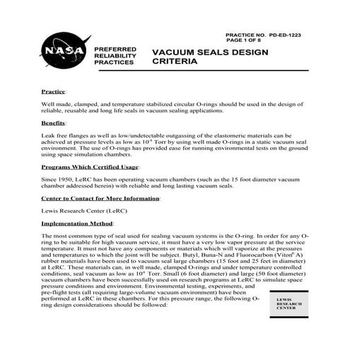 NASA Preferred Reliability Practices Vacuum Seals Design Criteria