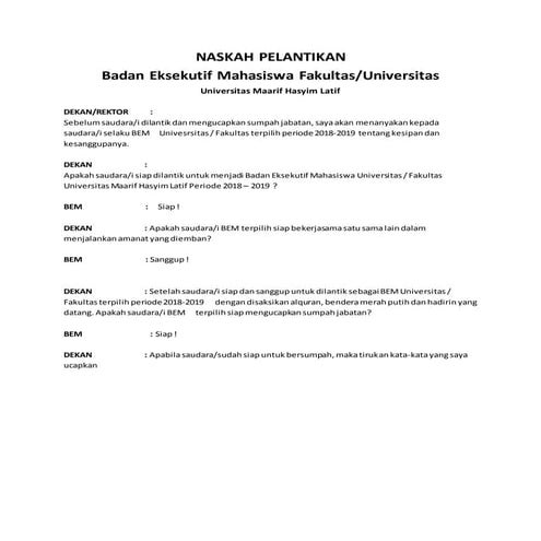 Contoh Naskah pelantikan dan sumpah jabatan badan eksekutif mahasiswa