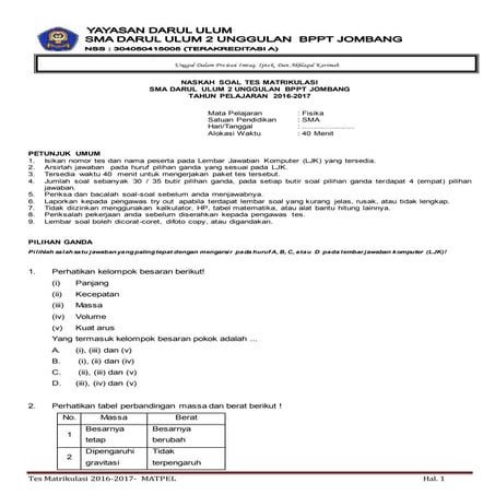 Naskah soal tes matrikulasi