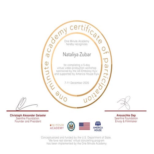 One Minute Video Academy Certificate of Participation