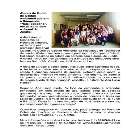Alunos do Curso de Gestão Ambiental aderem à Campanha "Natal Solidário", em parceria com o Jornal de Jundiaí